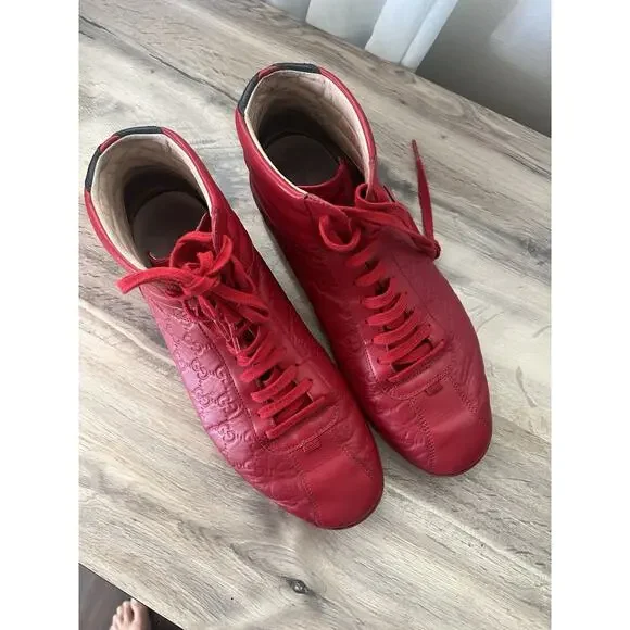 GUCCI BAMBI GUCCISSIMA EMBOSSED Red LEATHER HIGH TOP SNEAKERS uk 11.5 US 12 - Picture 6 of 12